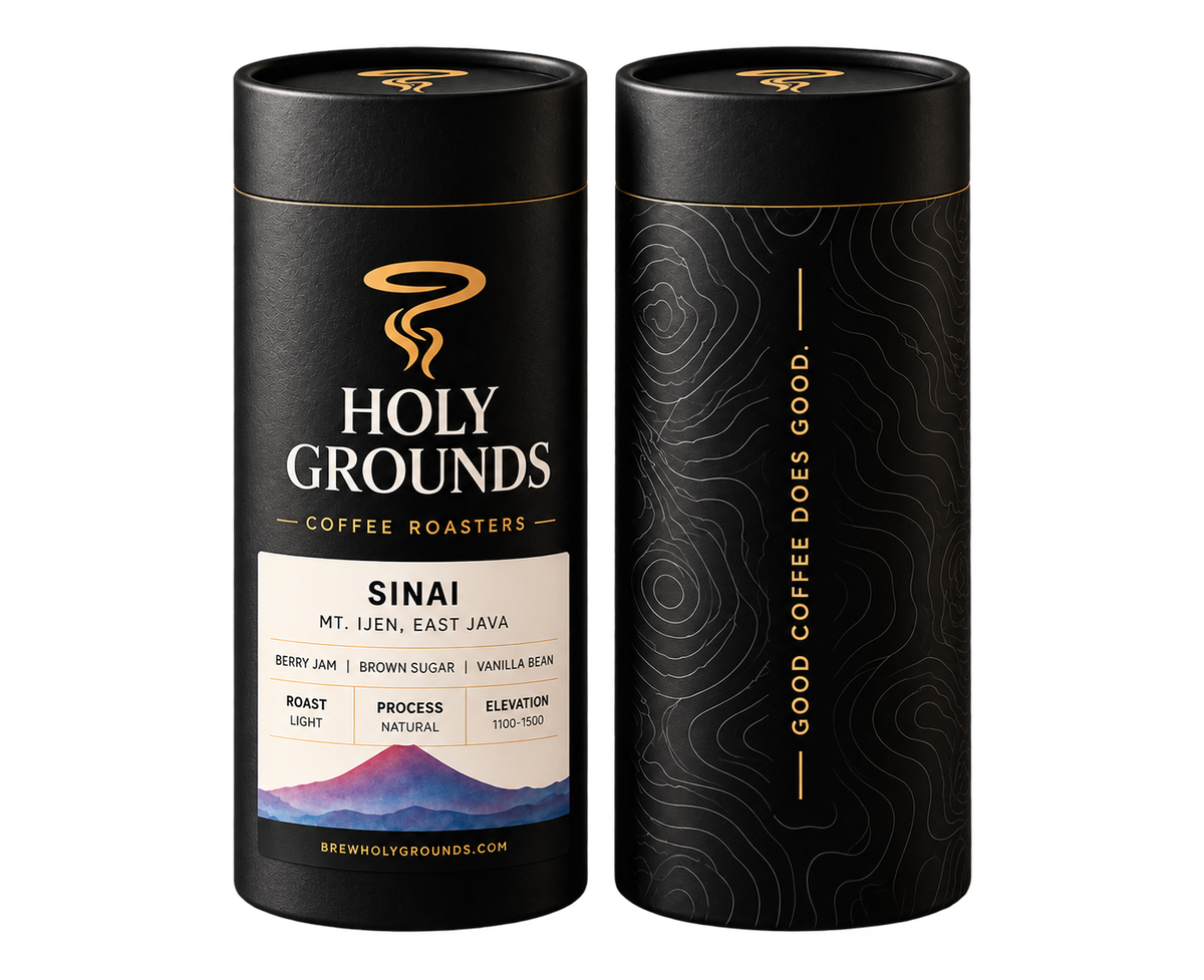 Front and back of the Holy Grounds Sinai coffee canister: Mt. Ijen, East Java, light roast, natural process